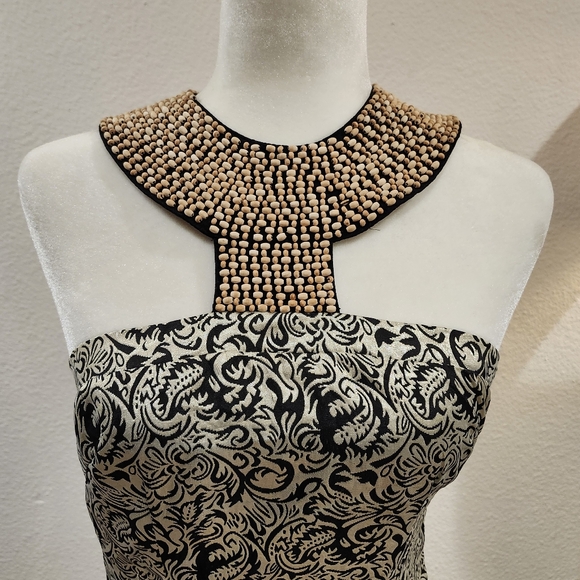 Brown Jacquard Mini Dress with Wood Bead Collar - Picture 2 of 8